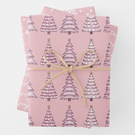 Roze set kerstinpakken papier van 3 inpakpapier vel (In situ)