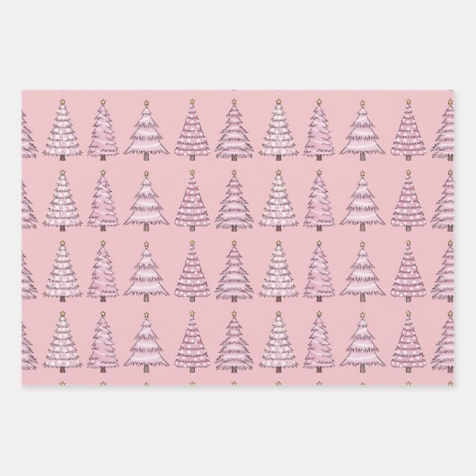 Roze set kerstinpakken papier van 3 inpakpapier vel (Voorkant)