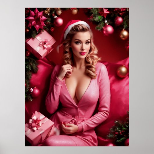 Roze Sexy Kerstmis Pinup Lady Poster (Voorkant)