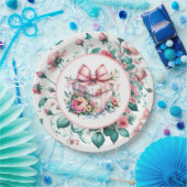 Roze Shabby Chic Bloemen Verjaardag Papieren Bordje (Feest)