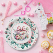 Roze Shabby Chic Bloemen Verjaardag Papieren Bordje (Feest)