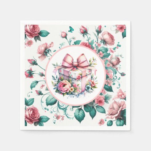  Roze Shabby Chic Bloemen Verjaardag Servet (Voorkant)