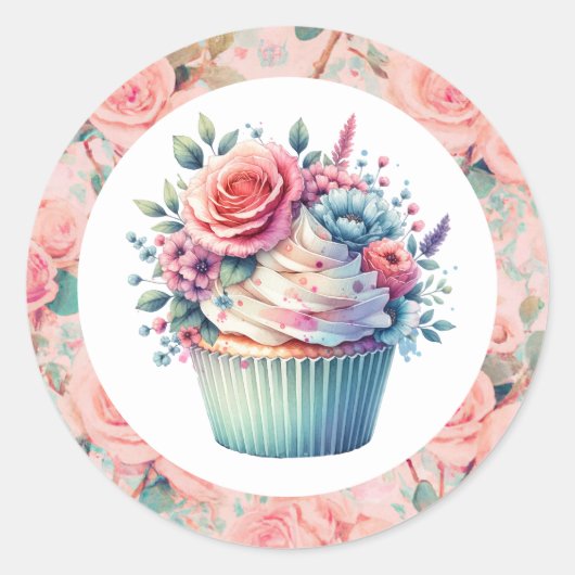  roze Shabby Chic Floral Birthday Cupcake Ronde Sticker (Voorkant)