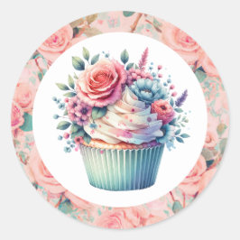 roze Shabby Chic Floral Birthday Cupcake Ronde Sticker