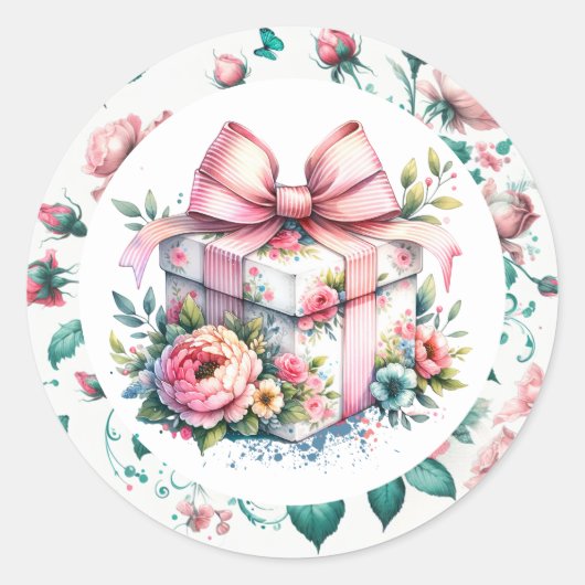  roze Shabby Chic Floral Verjaardagstaart Ronde Sticker (Voorkant)