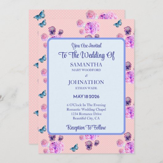 Roze Shabby Chic Flower Huwelijksuitnodiging Kaart (Voorkant / Achterkant)