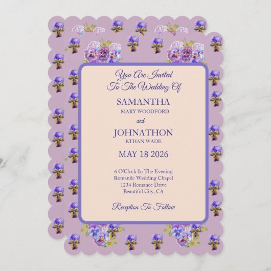 Roze Shabby Chic Flower Pansy bruiloft uitnodiging (Voorkant / Achterkant)