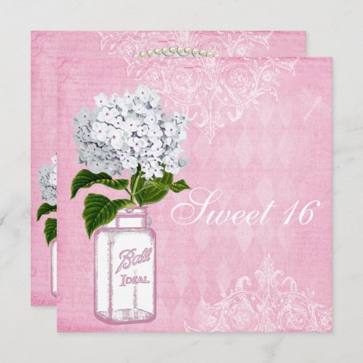 Roze Shabby Chic Jar & Hydrangea Sweet 16 Kaart (Voorkant / Achterkant)