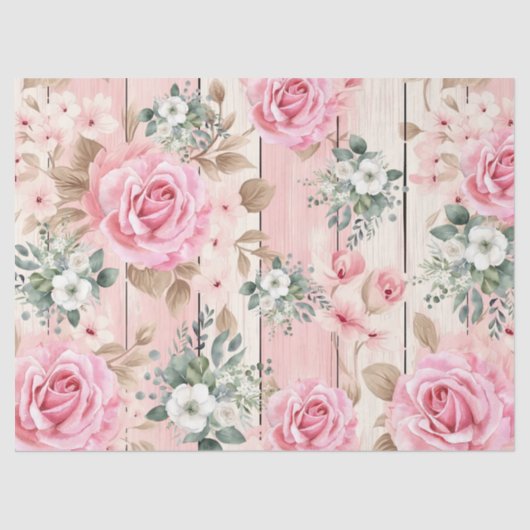 Roze Shabby Chique Rozen & Eucalyptus Tissuepapier (Voorkant)