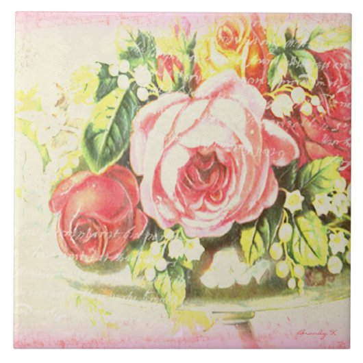Roze Shabby Roos Collage Art Tile Tegeltje (Voorkant)