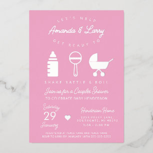 Roze Shake Rattle and Roll Baby Shower Folie Uitnodiging