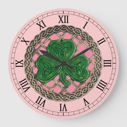 Roze Shamrock & Celtic Knots Roman Numerals Clock Grote Klok (Voorkant)