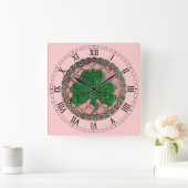 Roze Shamrock & Celtic Knots Roman Numerals Clock Vierkante Klok (Huis)