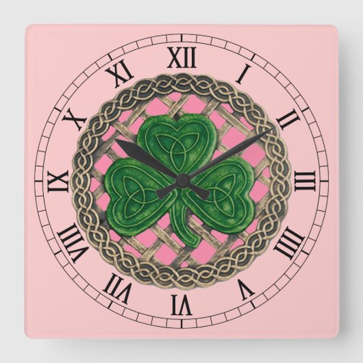 Roze Shamrock & Celtic Knots Roman Numerals Clock Vierkante Klok (Voorkant)