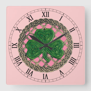 Roze Shamrock & Celtic Knots Roman Numerals Clock Vierkante Klok