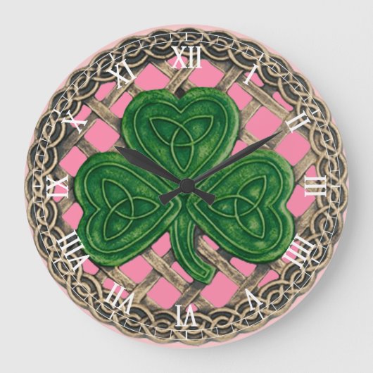 Roze Shamrock & Celtic Knows Roman Numerus Clock Grote Klok (Voorkant)