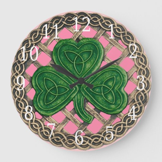 Roze shamrock en Celtic Knots  Grote Klok (Voorkant)