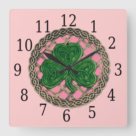 Roze Shamrock en Celtic Knots Square Clock Vierkante Klok (Voorkant)