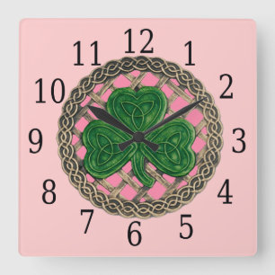 Roze Shamrock en Celtic Knots Square Clock Vierkante Klok