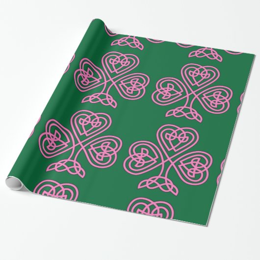 Roze Shamrock op groene achtergrond inpakpapier (Uitgerold)
