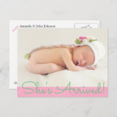  roze "Shes Arrived" Baby Geboorte Aankondiging (Voorkant / Achterkant)