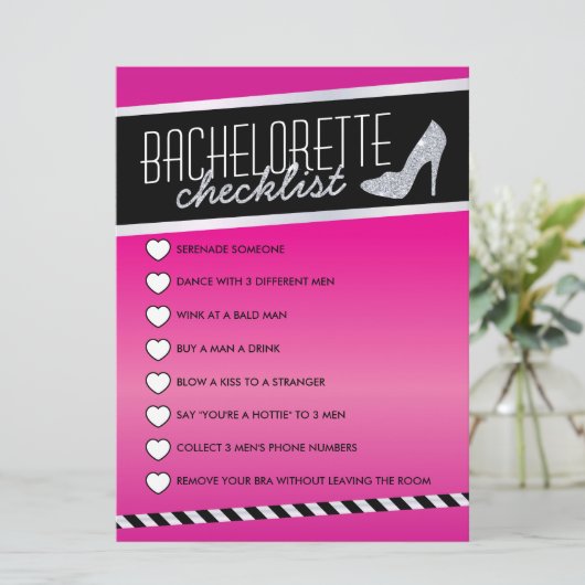 Roze Shimmer Bachelorette Checklist Kaart (Staand voorkant)