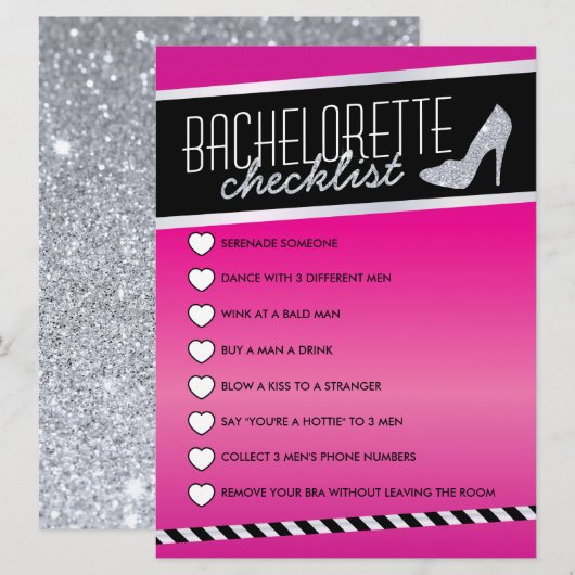 Roze Shimmer Bachelorette Checklist Kaart (Voorkant / Achterkant)