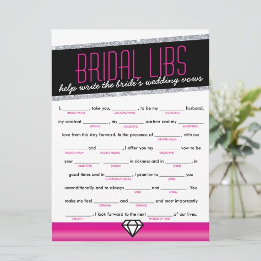 Roze Shimmer Bruids Libs Bachelorette Party Game Kaart (Staand voorkant)