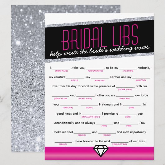 Roze Shimmer Bruids Libs Bachelorette Party Game Kaart (Voorkant / Achterkant)