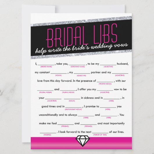 Roze Shimmer Bruids Libs Bachelorette Party Game Kaart (Voorkant)