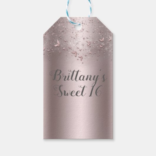 Roze Shimmer Flutter Butterfly Sweet 16 Party Cadeaulabel (Voorkant)