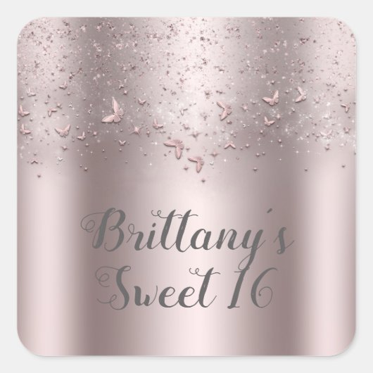 Roze Shimmer Flutter Butterfly Sweet 16 Party Vierkante Sticker (Voorkant)