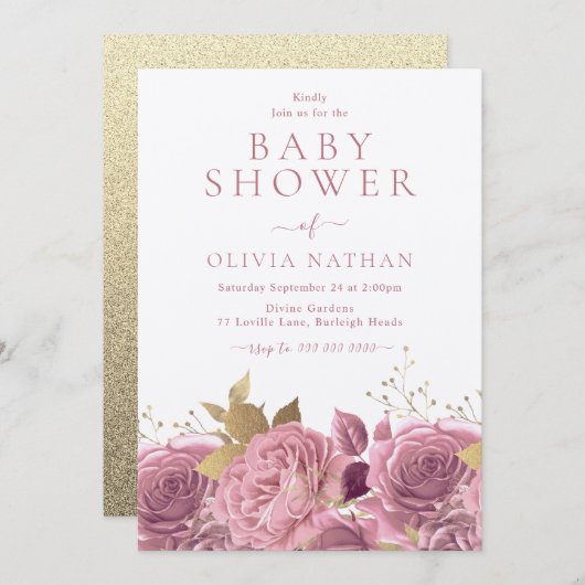 Roze Shimmer Rozen Floral Baby shower Kaart (Voorkant / Achterkant)