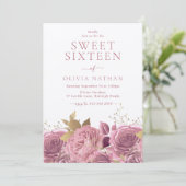 Roze Shimmer Rozen Floral Sweet 16 Party Kaart (Staand voorkant)