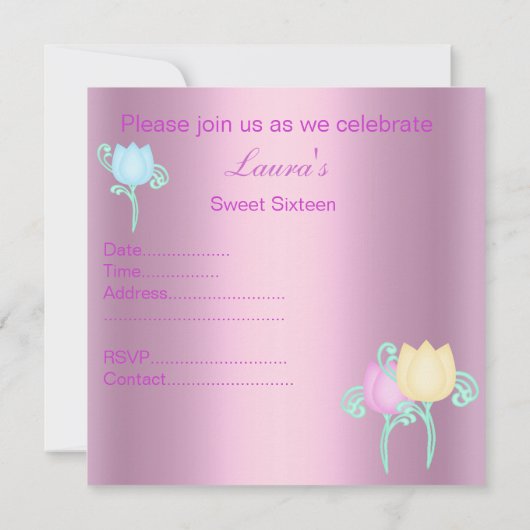 roze shimmer tulp zoet 16 uitnodiging (Achterkant)