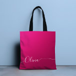 Roze Shimmer White Elegant Calligraphy Script Name Tote Bag<br><div class="desc">Roze Shimmer White Elegant Calligraphy Script Specialized Add Your Ewn Name Monogram Canvas tas Book Bag kenmerkt een modern en trendy eenvoudig en stijlvol ontwerp met uw gepersonaliseerd jouw naam of initiaal in elegant handgeschreven kalligrafiekscript typografie op een metallic roze achtergrond. Perfect geschenk voor verjaardag, Kerstmis, bruiloft, lief 16, vrijgezellenfeest...</div>