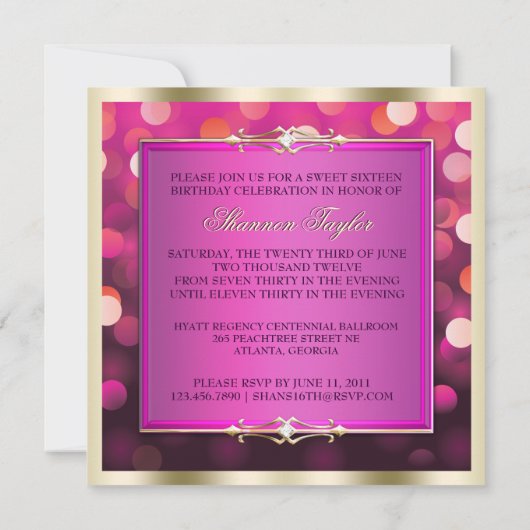 Roze Shimmering Lights Bokeh Sweet Sixteen Invite Kaart (Achterkant)