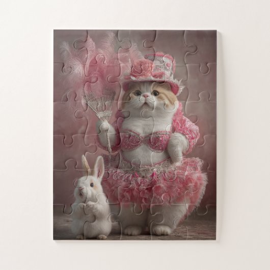 Roze Showgirl Cat & Bunny – Schattigee puzzel (Verticaal)