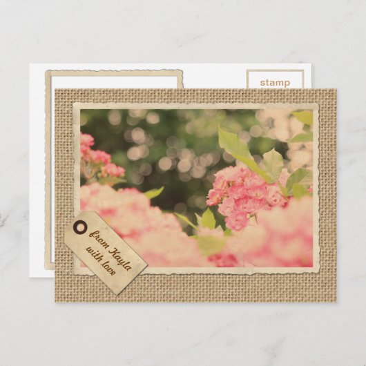 Roze Shrub Rozen Bokeh Lijst Burlap Briefkaart (Voorkant / Achterkant)