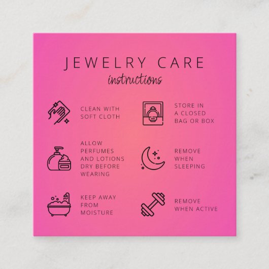 Roze Sieraden Care Instructies Business Bedankt Informatiekaartje (Voorkant)