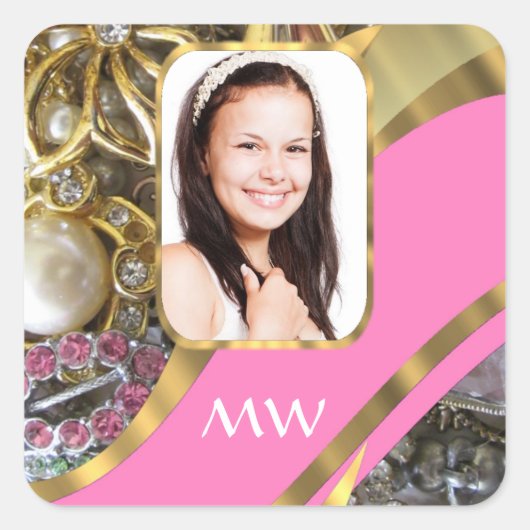 Roze sieraden gepersonaliseerde achtergrond vierkante sticker (Voorkant)