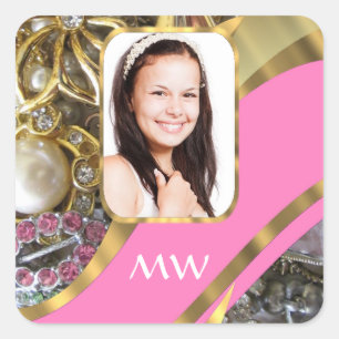 Roze sieraden gepersonaliseerde achtergrond vierkante sticker