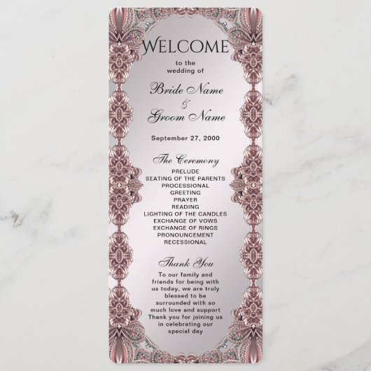 Roze sierlijke bruiloft programma programmakaart (Voorkant)