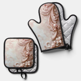 Roze Sierlijke Parel en Bloemmotief Ovenwant & Pannenlap Set
