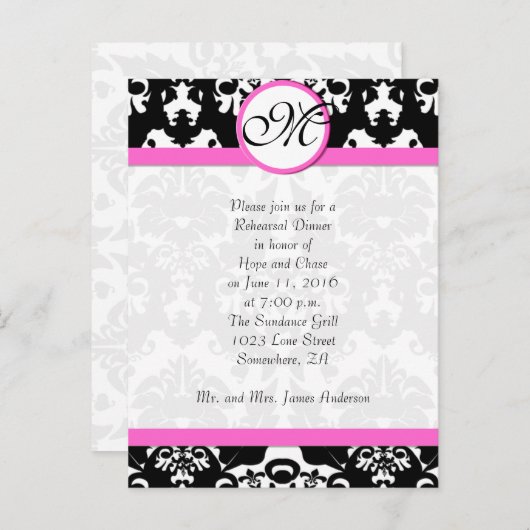 Roze sierstrip zwart Damask repesal Dinner Uitnodiging Briefkaart (Voorkant / Achterkant)