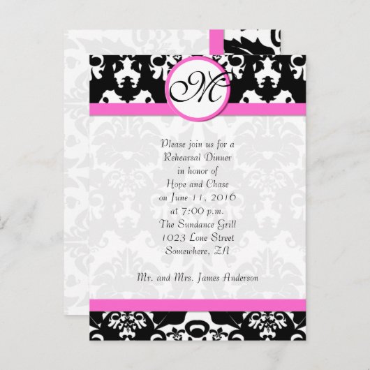 Roze sierstrip zwart Damask repesal Dinner Uitnodiging Briefkaart (Voorkant / Achterkant)