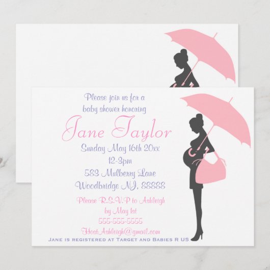 Roze Silhouet Baby Douche Uitnodigingen (Voorkant / Achterkant)