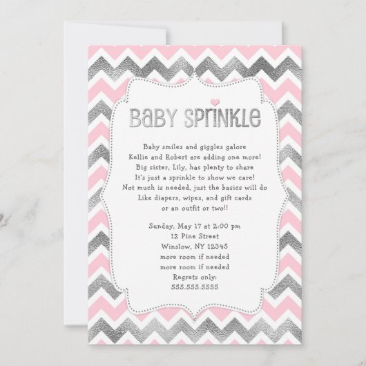 Roze Silver Baby Sprinkle baby shower nodigt Kaart (Voorkant)