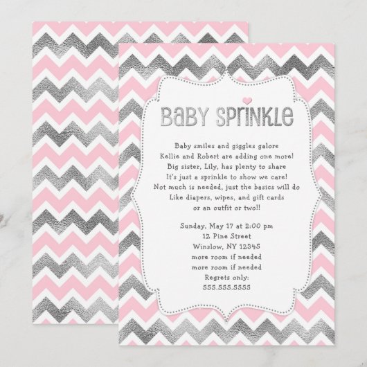 Roze Silver Baby Sprinkle baby shower nodigt Kaart (Voorkant / Achterkant)