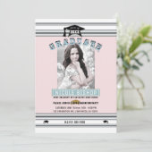 Roze Silver Blue Elegant Photo Graduparty Kaart (Staand voorkant)